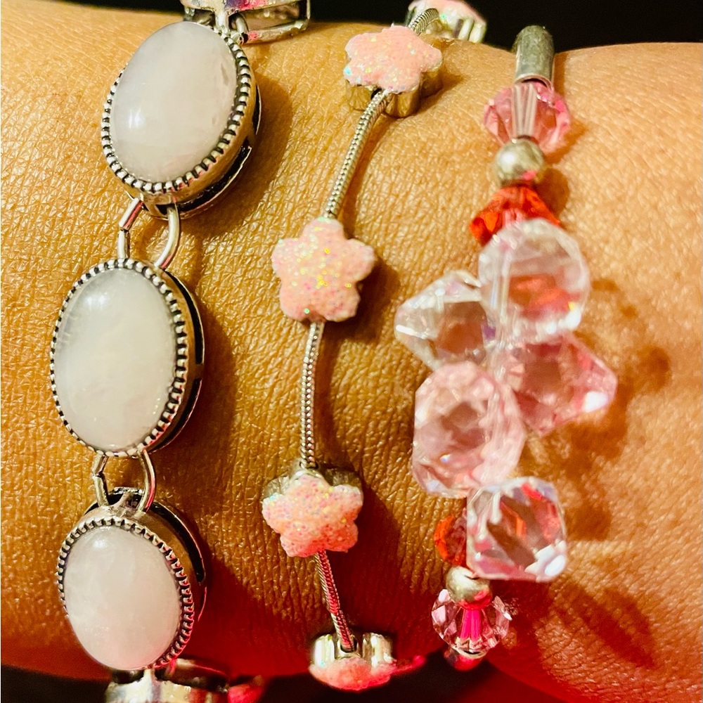Pink and Silver Glitter, Crystals, and Bead Bracelet Set of 3. 7 inches long